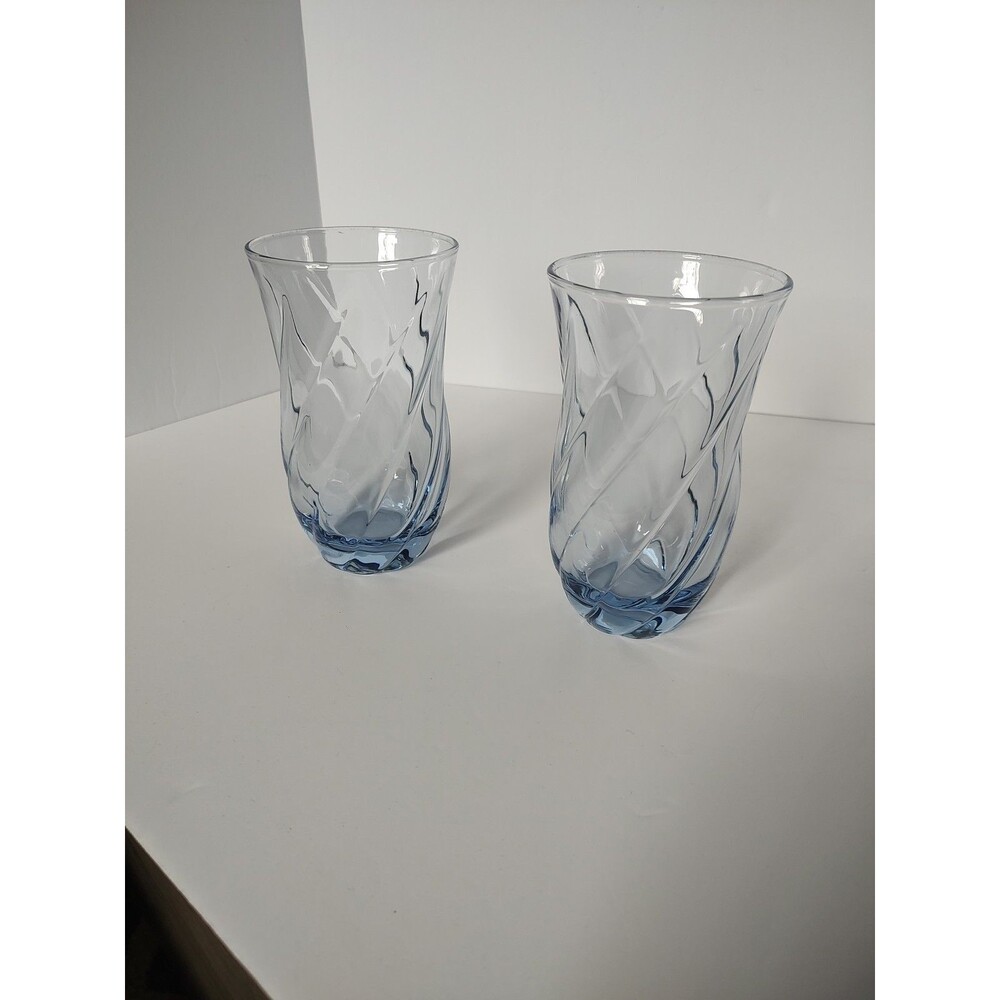 2 Vtg Anchor Hocking AHC22 Blue Swirl Twist Tulip Tumblers 16oz Drinking Glasses